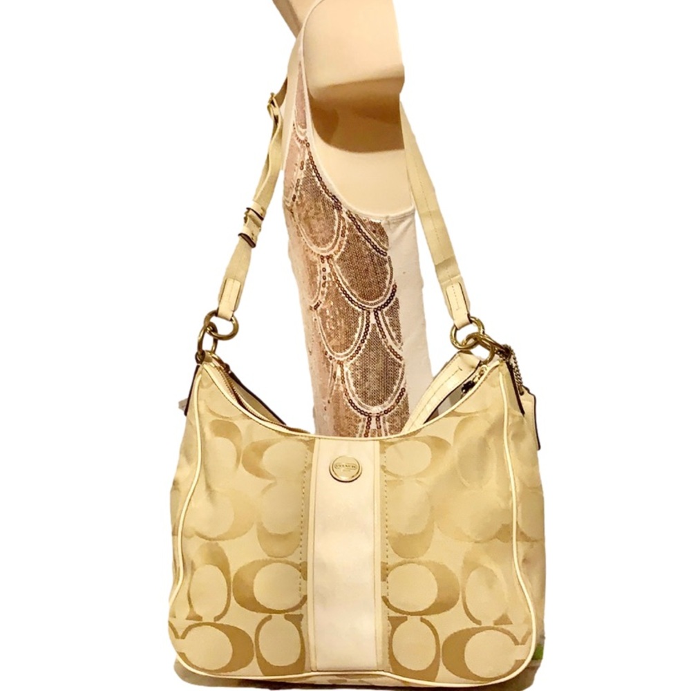 🌻 COACH F21873 🌻 LIGHT KHAKI WHITE SIGNATURE LOGO CONVERTIBLE HOBO MSRP $388